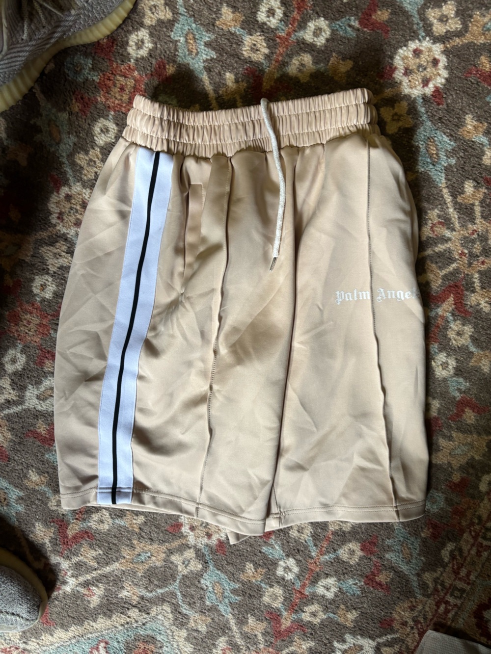Palm Angels Beige mens Track Shorts with White & Black Side Stripe